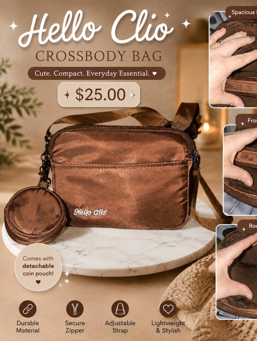 Brown Crossbody Kindle Bag with Detachable Coin Pouch